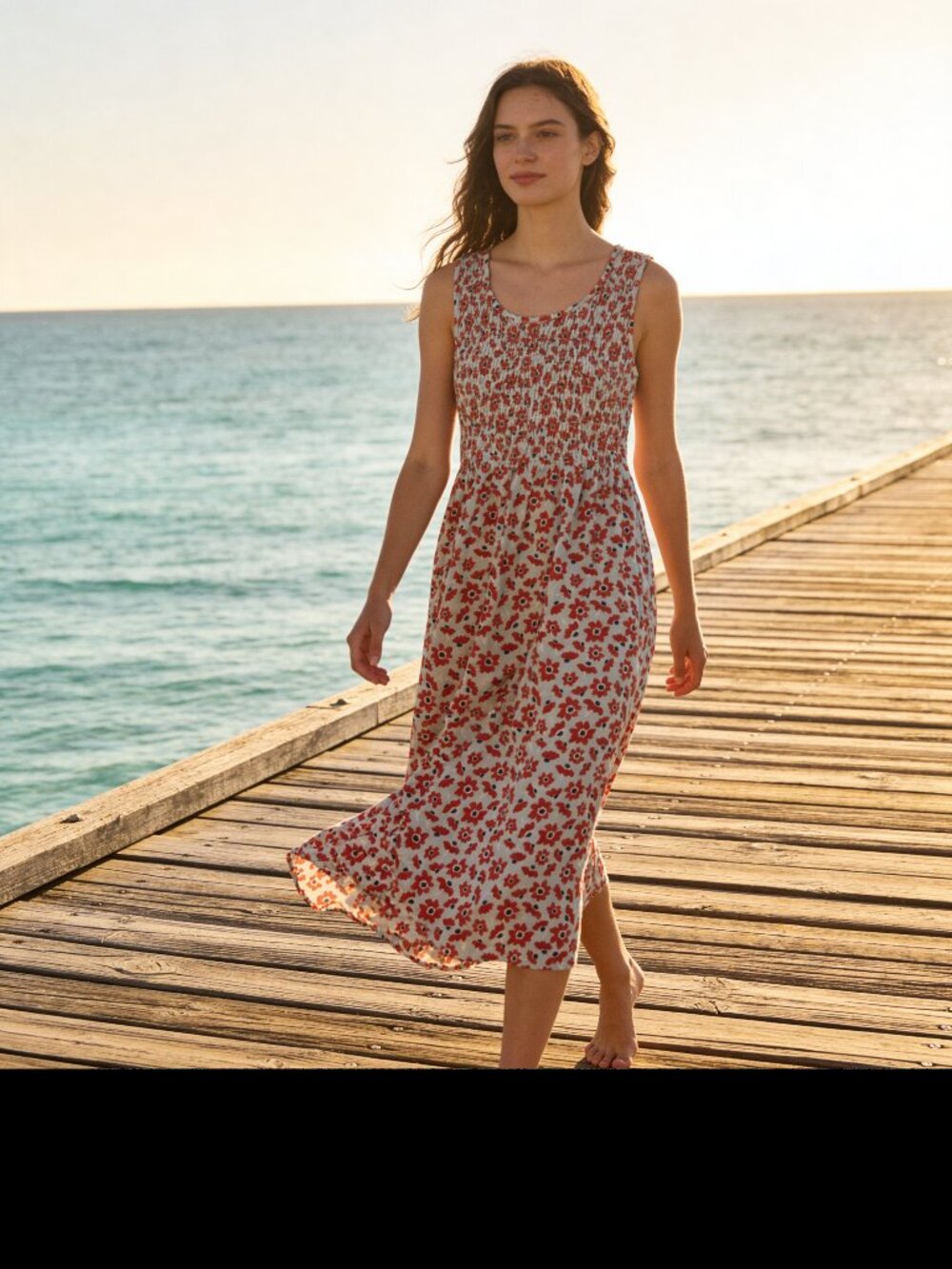 Croft & Barrow Floral Smocked Midi Dress Lite Blue Red Sleeveless Pockets  Sz S